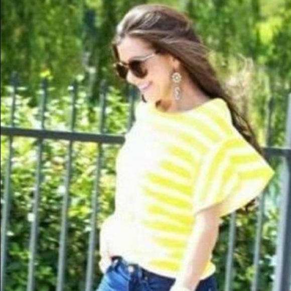 Anthropologie 9-H15 STCl Textured Yellow Striped Postage Fluttersleeve Top, Sz M - Picture 8 of 9